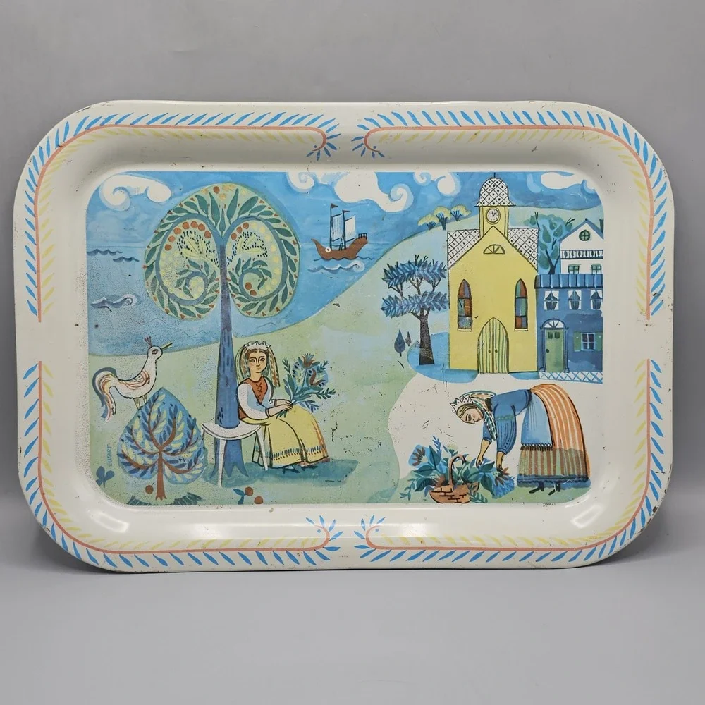 Vintage 60s Metal Tin TV Tray Costal Gardening Cottagecore Village Folkart